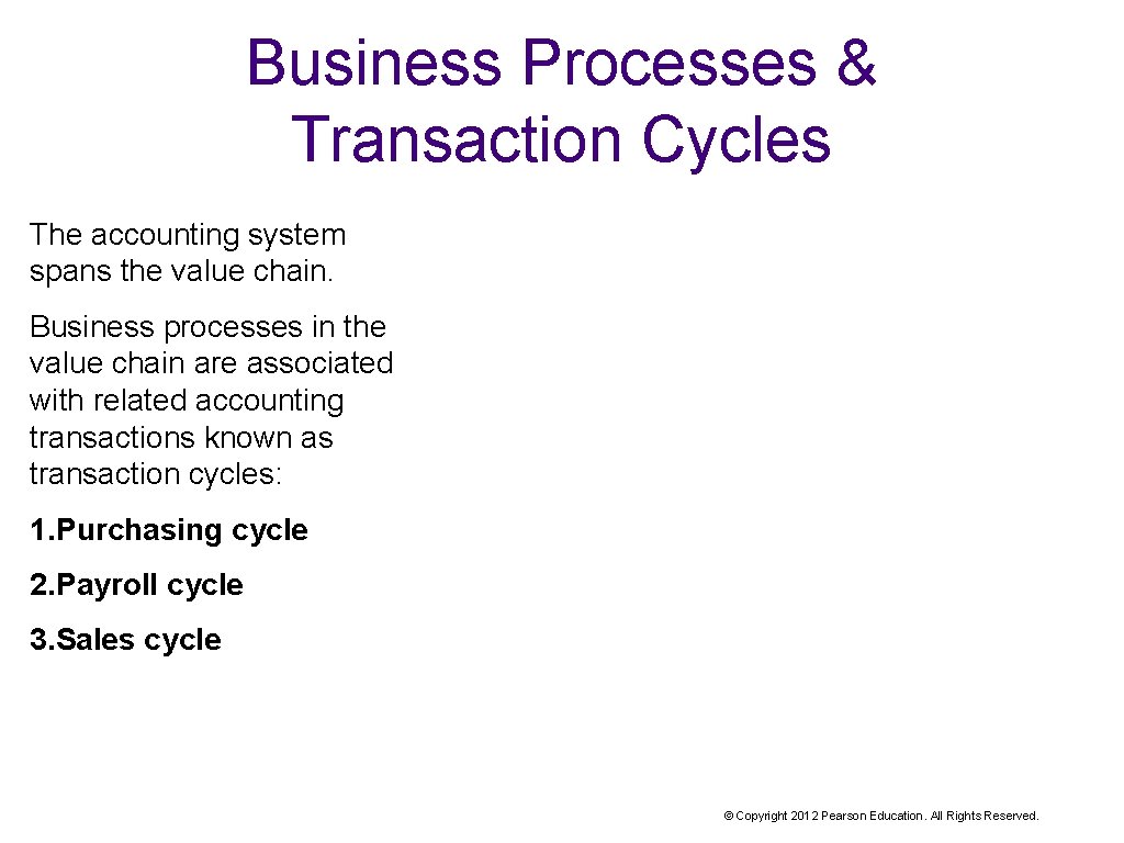 Business Processes & Transaction Cycles The accounting system spans the value chain. Business processes