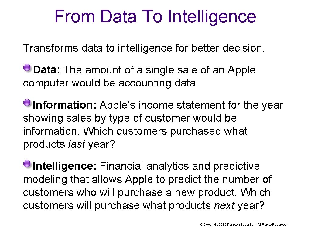 From Data To Intelligence Transforms data to intelligence for better decision. Data: The amount