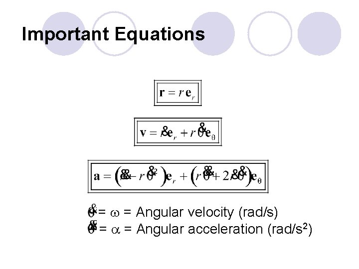 Important Equations = w = Angular velocity (rad/s) = a = Angular acceleration (rad/s