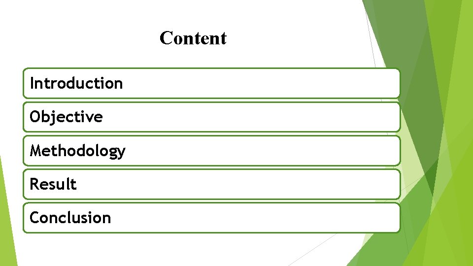 Content Introduction Objective Methodology Result Conclusion 
