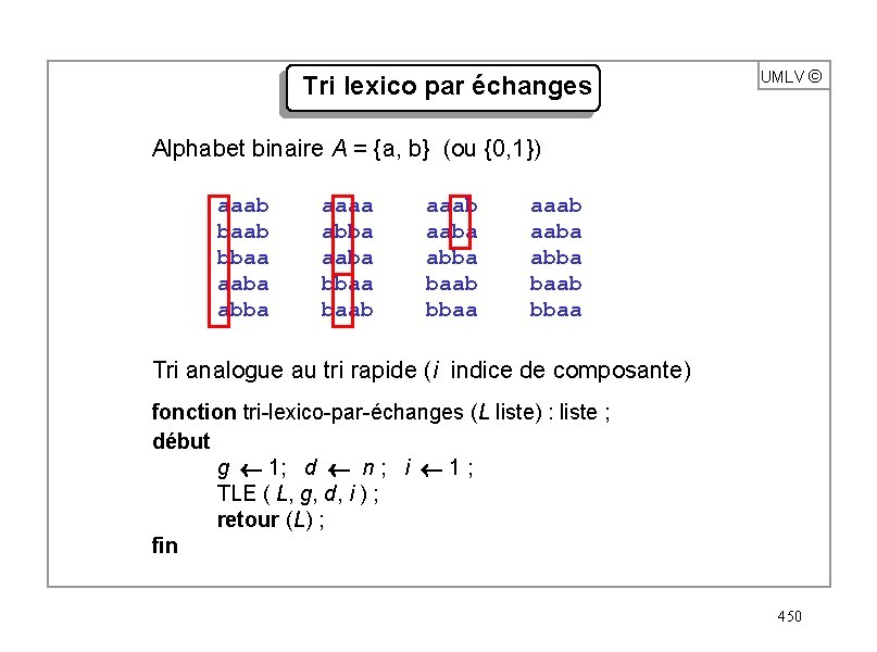 Tri lexico par échanges UMLV ã Alphabet binaire A = {a, b} (ou {0,