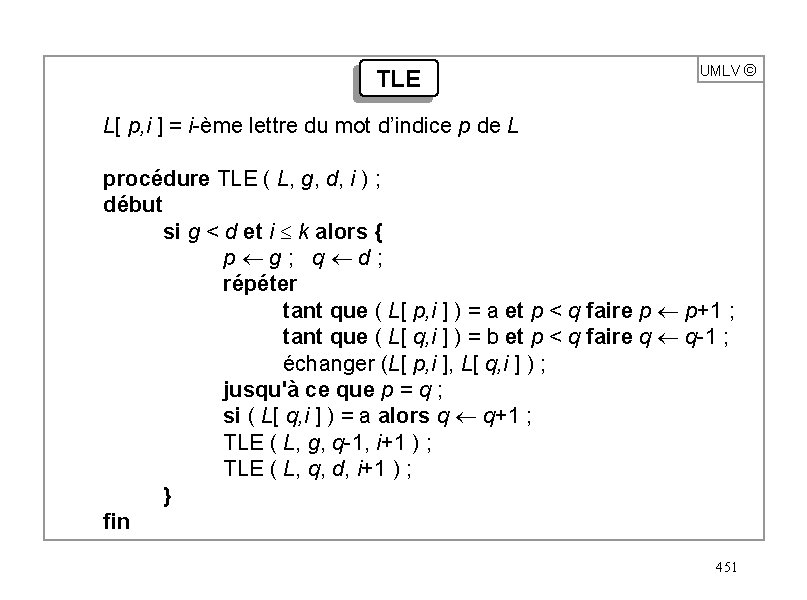 TLE UMLV ã L[ p, i ] = i-ème lettre du mot d’indice p