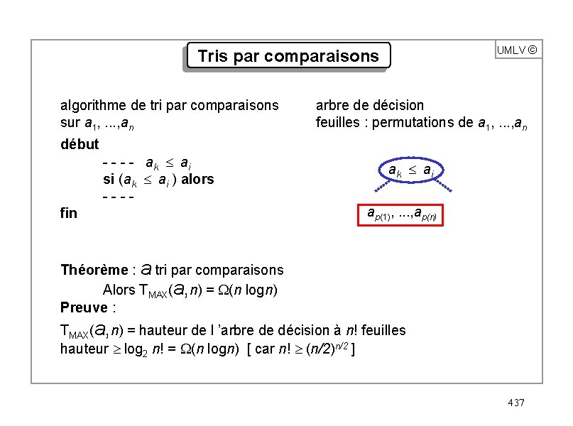 UMLV ã Tris par comparaisons algorithme de tri par comparaisons sur a 1, .