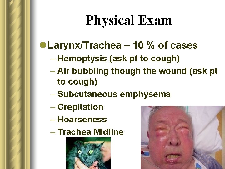 Physical Exam l Larynx/Trachea – 10 % of cases – Hemoptysis (ask pt to