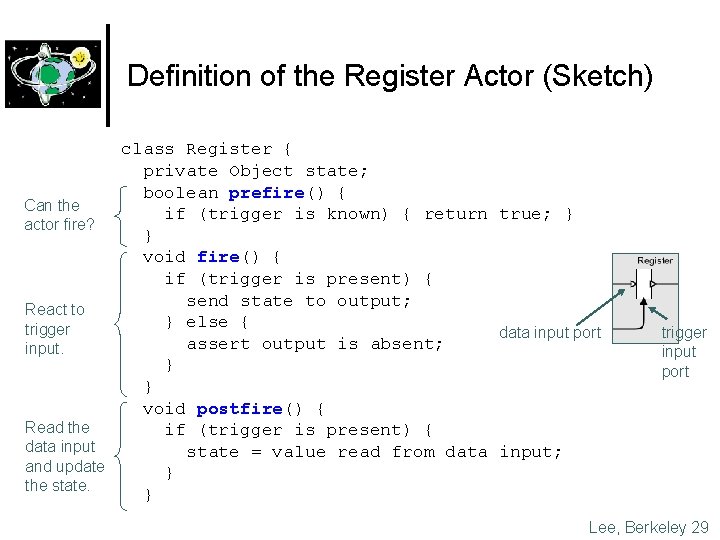 Definition of the Register Actor (Sketch) class Register { private Object state; boolean prefire()
