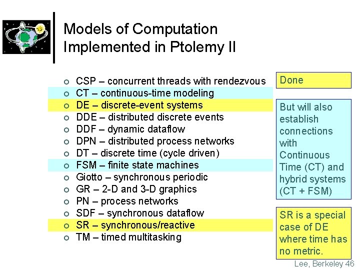 Models of Computation Implemented in Ptolemy II ¢ ¢ ¢ ¢ CSP – concurrent