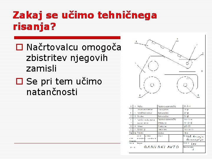 Zakaj se učimo tehničnega risanja? o Načrtovalcu omogoča zbistritev njegovih zamisli o Se pri