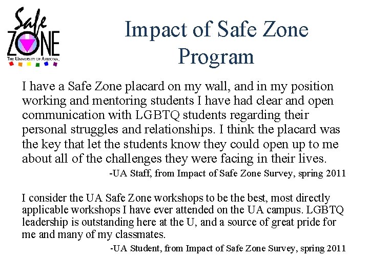 Impact of Safe Zone Program I have a Safe Zone placard on my wall,