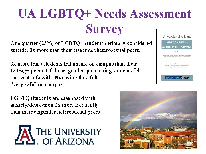 UA LGBTQ+ Needs Assessment Survey One quarter (25%) of LGBTQ+ students seriously considered suicide,