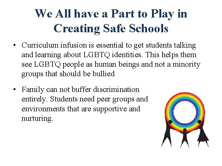 We All have a Part to Play in Creating Safe Schools • Curriculum infusion
