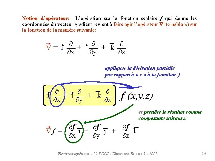 Notion d’opérateur: L’opération sur la fonction scalaire f qui donne les coordonnées du vecteur