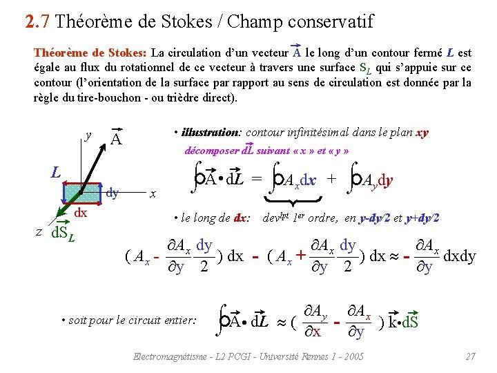 2. 7 Théorème de Stokes / Champ conservatif Théorème de Stokes: La circulation d’un