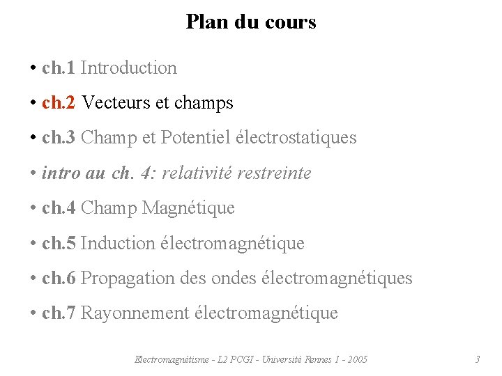 Plan du cours • ch. 1 Introduction • ch. 2 Vecteurs et champs •