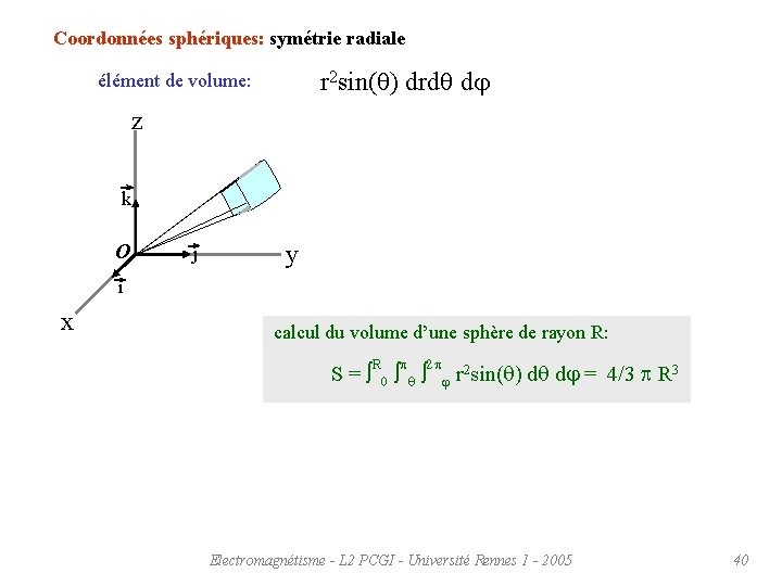 Coordonnées sphériques: symétrie radiale r 2 sin(q) drdq dj élément de volume: z k