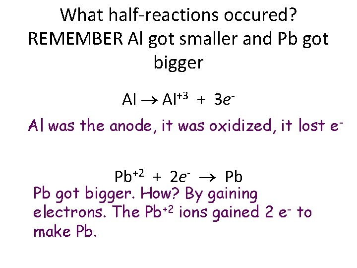 What half-reactions occured? REMEMBER Al got smaller and Pb got bigger Al Al+3 +