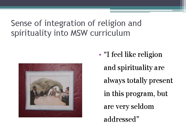Sense of integration of religion and spirituality into MSW curriculum • “I feel like