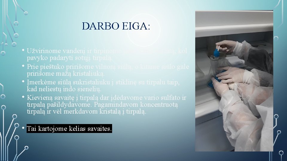 DARBO EIGA: • Užvirinome vandenį ir tirpinome jame vario sulfatą, kol • • •