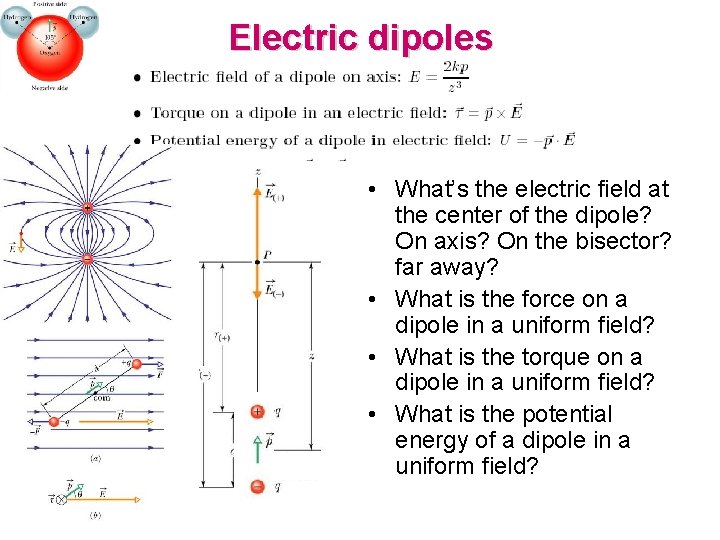 Electric dipoles • What’s the electric field at the center of the dipole? On