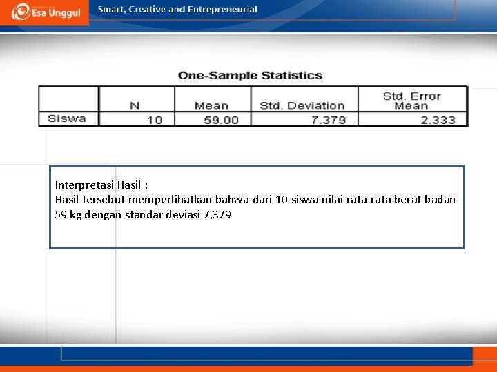 Interpretasi Hasil: : : Hasil tersebut memperlihatkan bahwa dari 10 siswa nilai rata-rata berat