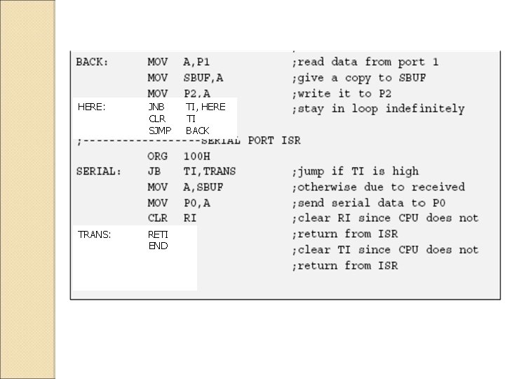 HERE: JNB CLR SJMP TRANS: RETI END TI, HERE TI BACK 