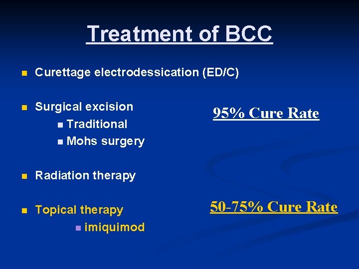 Treatment of BCC n Curettage electrodessication (ED/C) n Surgical excision n Traditional n Mohs