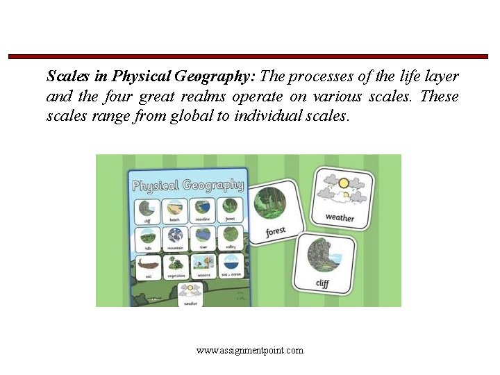 Scales in Physical Geography: The processes of the life layer and the four great