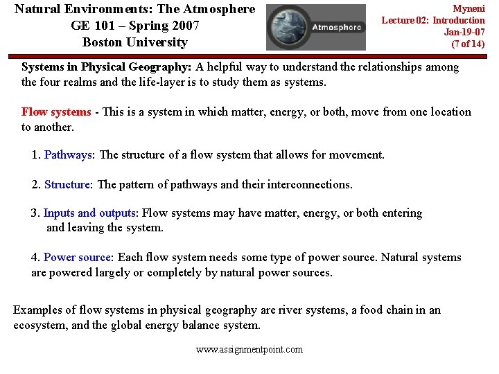 Natural Environments: The Atmosphere GE 101 – Spring 2007 Boston University Myneni Lecture 02: