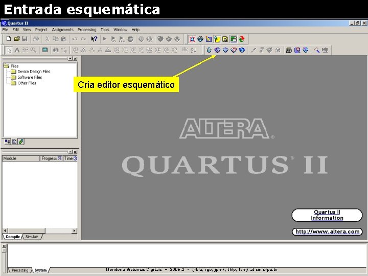 Entrada esquemática Cria editor esquemático Monitoria Sistemas Digitais – 2006. 2 - {fbla, rgo,