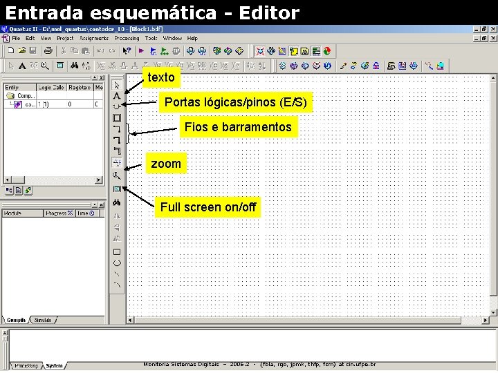 Entrada esquemática - Editor texto Portas lógicas/pinos (E/S) Fios e barramentos zoom Full screen