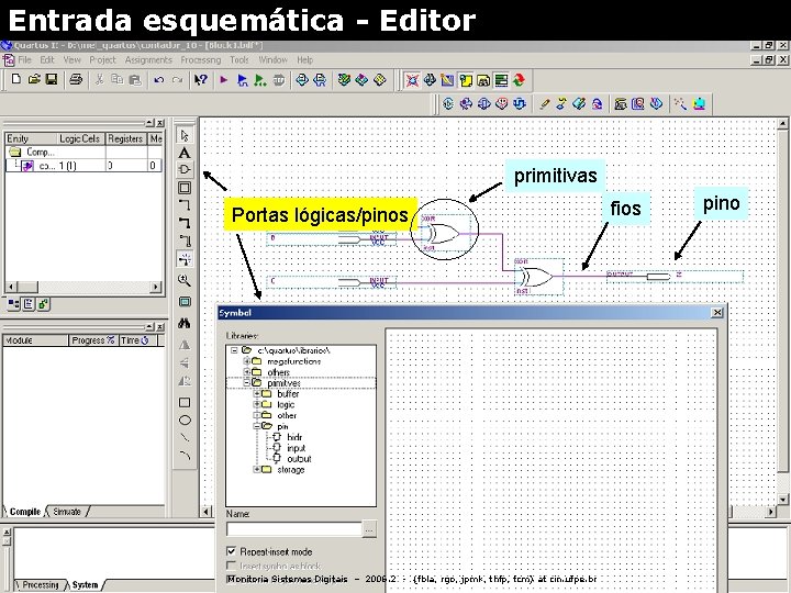 Entrada esquemática - Editor primitivas Portas lógicas/pinos Monitoria Sistemas Digitais – 2006. 2 -