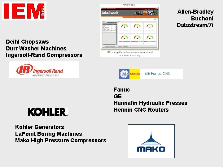 Allen-Bradley Buchoni Datastream/7 i Deihl Chopsaws Durr Washer Machines Ingersoll-Rand Compressors Fanuc GE Hannafin