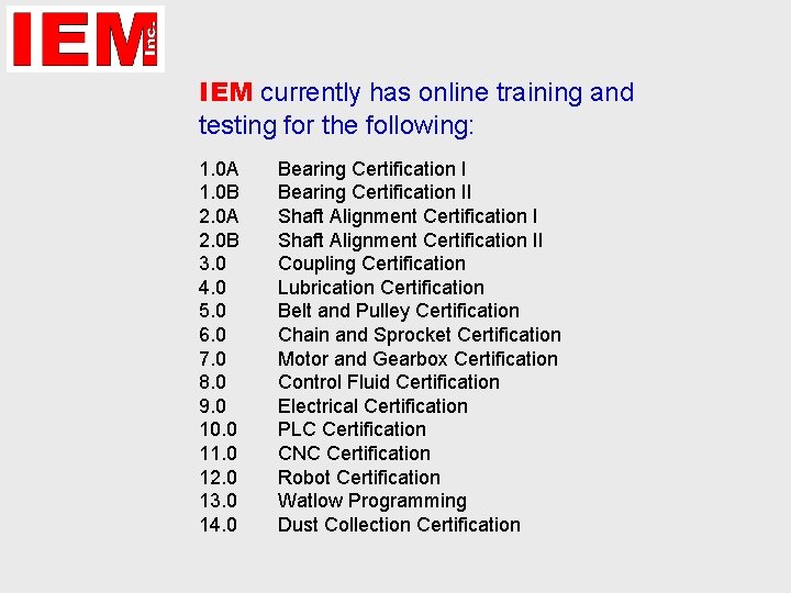 IEM currently has online training and testing for the following: 1. 0 A 1.