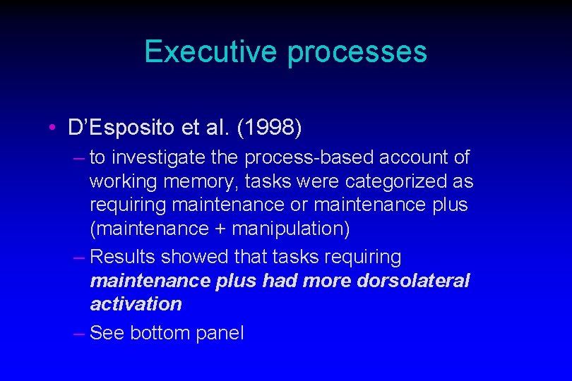 Executive processes • D’Esposito et al. (1998) – to investigate the process-based account of