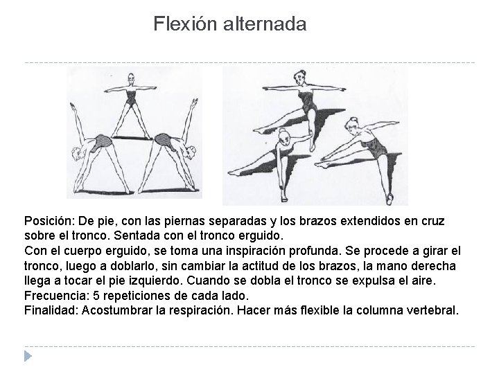 Flexión alternada Posición: De pie, con las piernas separadas y los brazos extendidos en Flexión alternada Posición: De pie, con las piernas separadas y los brazos extendidos en