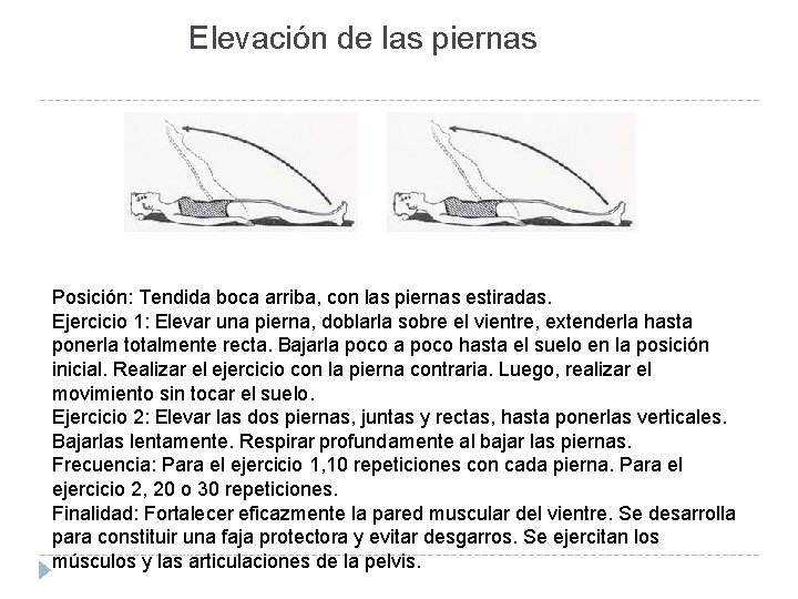 Elevación de las piernas Posición: Tendida boca arriba, con las piernas estiradas. Ejercicio 1: Elevación de las piernas Posición: Tendida boca arriba, con las piernas estiradas. Ejercicio 1: