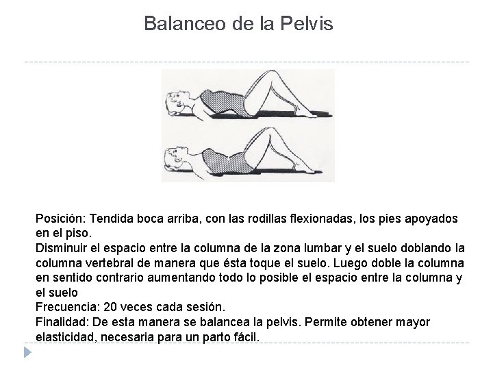 Balanceo de la Pelvis Posición: Tendida boca arriba, con las rodillas flexionadas, los pies Balanceo de la Pelvis Posición: Tendida boca arriba, con las rodillas flexionadas, los pies