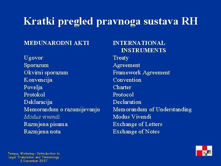 Kratki pregled pravnoga sustava RH MEĐUNARODNI AKTI Ugovor Sporazum Okvirni sporazum Konvencija Povelja Protokol