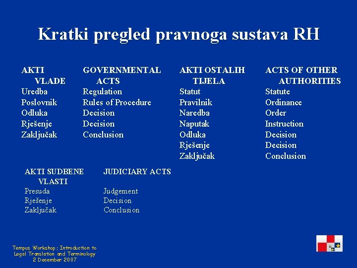 Kratki pregled pravnoga sustava RH AKTI VLADE Uredba Poslovnik Odluka Rješenje Zaključak GOVERNMENTAL ACTS