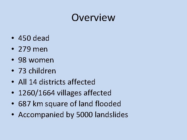 Overview • • 450 dead 279 men 98 women 73 children All 14 districts