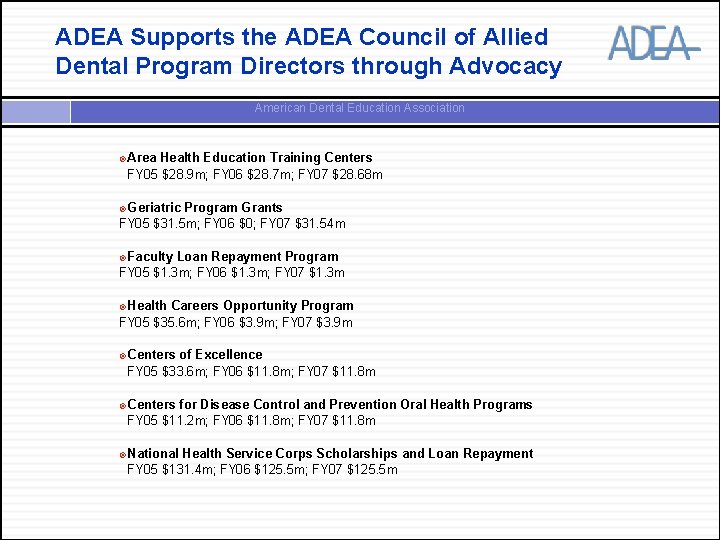 ADEA Supports the ADEA Council of Allied Dental Program Directors through Advocacy American Dental