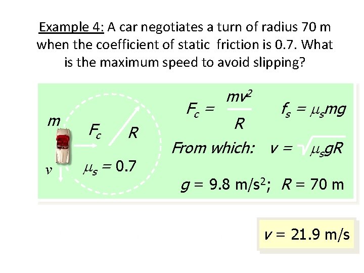 Example 4: A car negotiates a turn of radius 70 m when the coefficient Example 4: A car negotiates a turn of radius 70 m when the coefficient