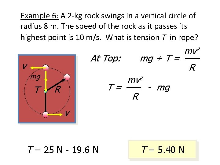 Example 6: A 2 -kg rock swings in a vertical circle of radius 8 Example 6: A 2 -kg rock swings in a vertical circle of radius 8