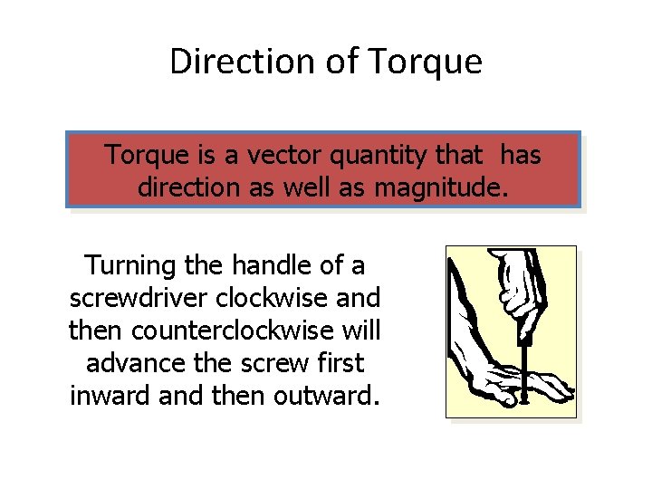 Direction of Torque is a vector quantity that has direction as well as magnitude. Direction of Torque is a vector quantity that has direction as well as magnitude.