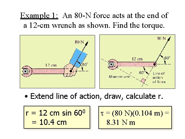 Example 1: An 80 -N force acts at the end of a 12 -cm Example 1: An 80 -N force acts at the end of a 12 -cm