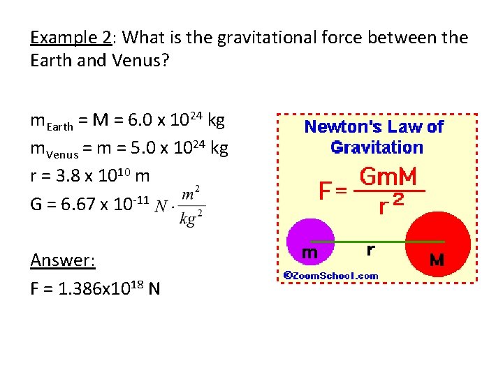 Example 2: What is the gravitational force between the Earth and Venus? m. Earth Example 2: What is the gravitational force between the Earth and Venus? m. Earth