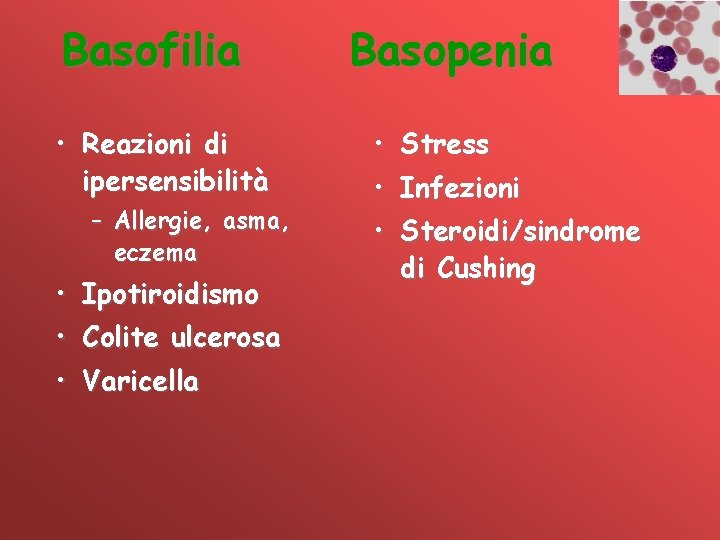 Basofilia • Reazioni di ipersensibilità – Allergie, asma, eczema • Ipotiroidismo • Colite ulcerosa