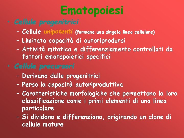 Ematopoiesi • Cellule progenitrici – – – Cellule unipotenti (formano una singola linea cellulare)