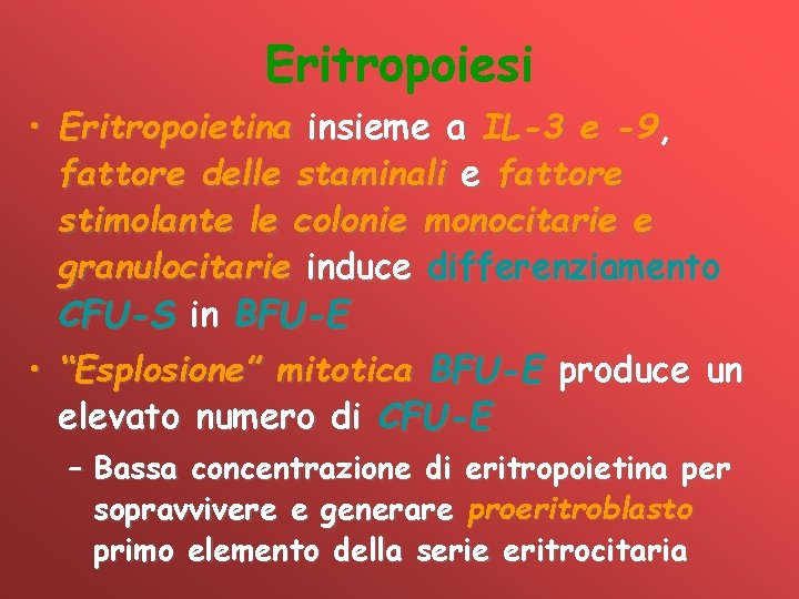 Eritropoiesi • Eritropoietina insieme a IL-3 e -9, fattore delle staminali e fattore stimolante