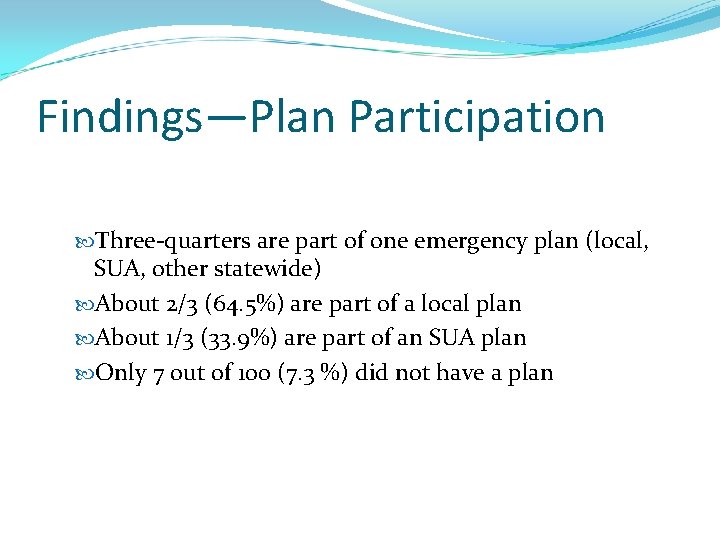 Findings—Plan Participation Three-quarters are part of one emergency plan (local, SUA, other statewide) About Findings—Plan Participation Three-quarters are part of one emergency plan (local, SUA, other statewide) About