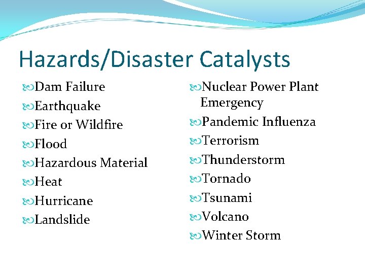 Hazards/Disaster Catalysts Dam Failure Earthquake Fire or Wildfire Flood Hazardous Material Heat Hurricane Landslide Hazards/Disaster Catalysts Dam Failure Earthquake Fire or Wildfire Flood Hazardous Material Heat Hurricane Landslide
